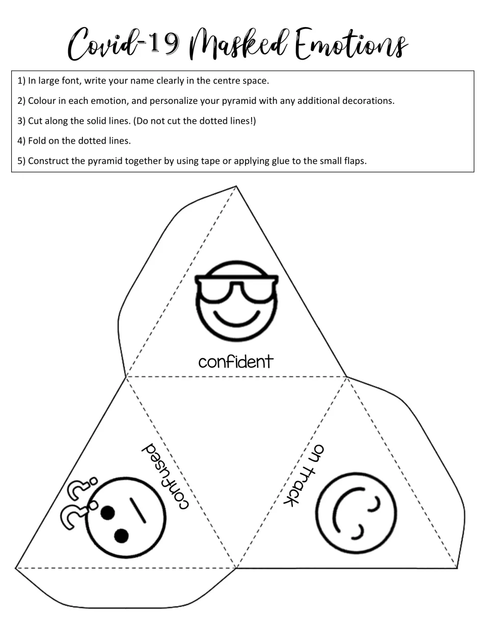 Emotion pyramid template: students write a name in the center, color the confident, confused and on track faces