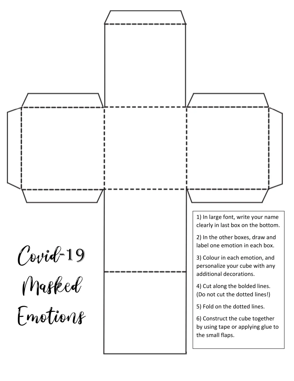 Blank emotion cube: students draw and label a feeling in each square, write a name on the bottom, then cut and fold