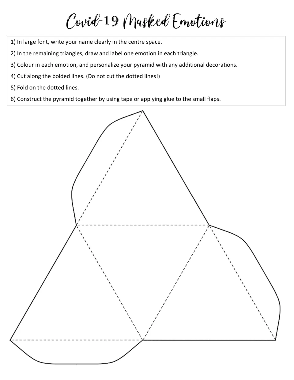 Blank emotion pyramid: students draw and label one feeling in each triangle, put a name in the center, then cut and fold
