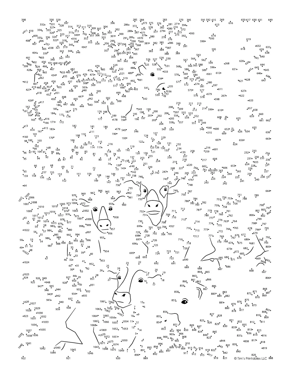 Cow dot-to-dot: students connect numbered dots 1 to 1075 in order to reveal cows resting in a field, practising counting