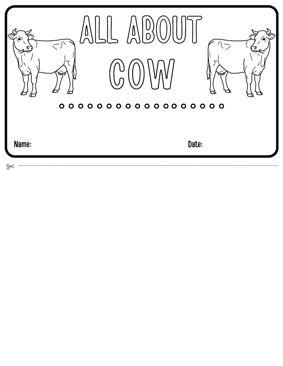 All About Cow flipbook cover: students cut out the title flap and write their name and date beside two cow drawings