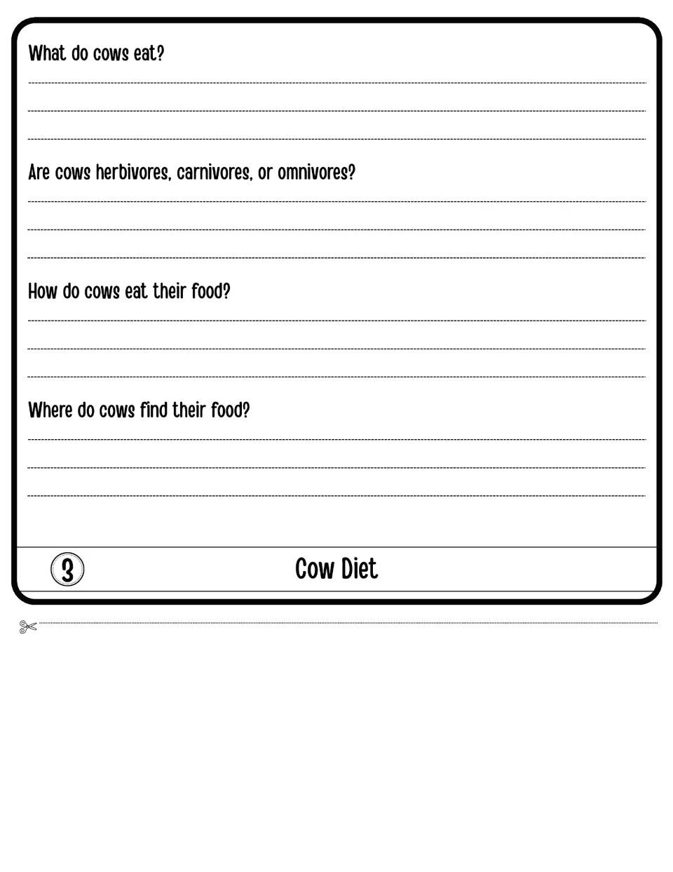 Cow Diet flap: students explain what cows eat, if they are herbivores, carnivores or omnivores, and how they get food