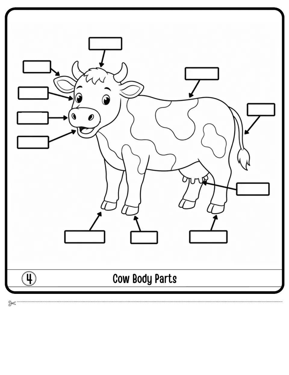Cow Body Parts flap: students label 11 parts of a cartoon cow, including eyes, nose, mouth, udder, tail and hooves