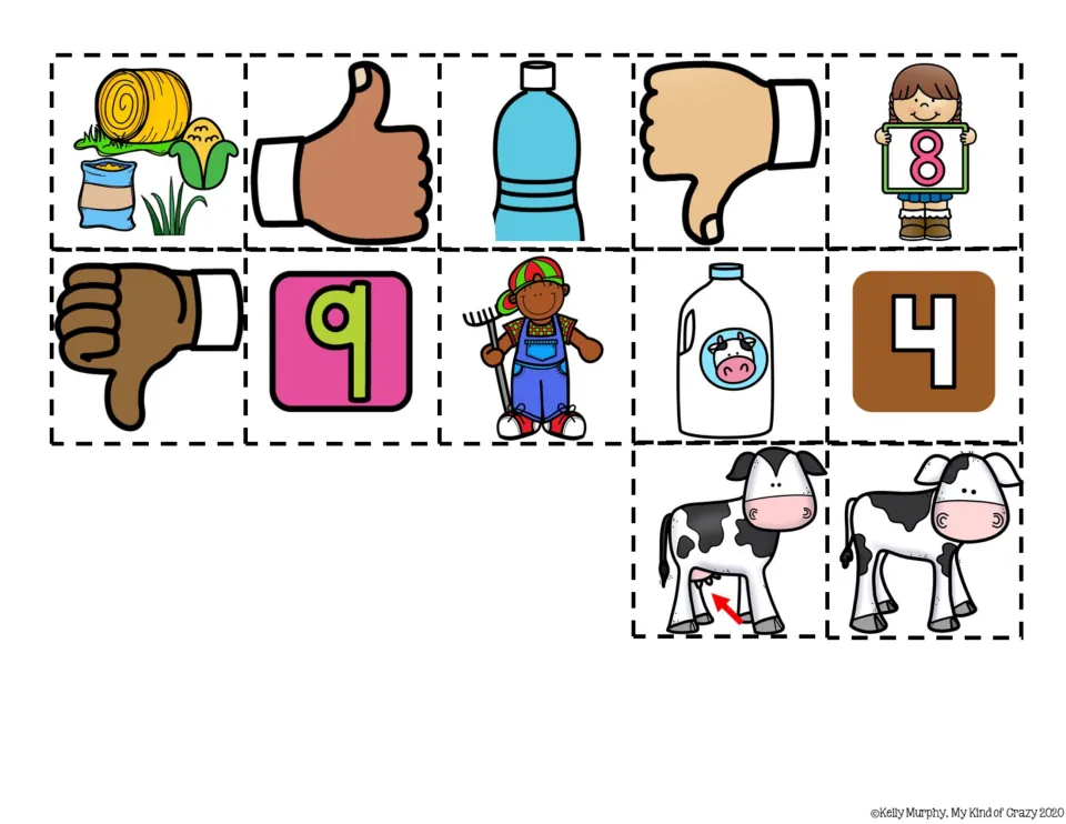 Cut-out picture answers: feed, thumbs up and down, water bottle, milk jug, farmer, calf, cow with udders, numbers 4, 8 and 9