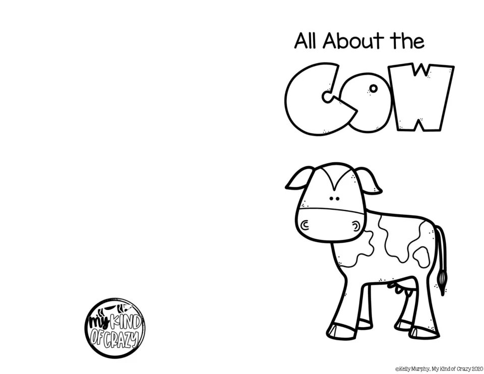 All About the Cow cover in black-and-white line art, with an outlined cow and bubble-letter title ready for students to color