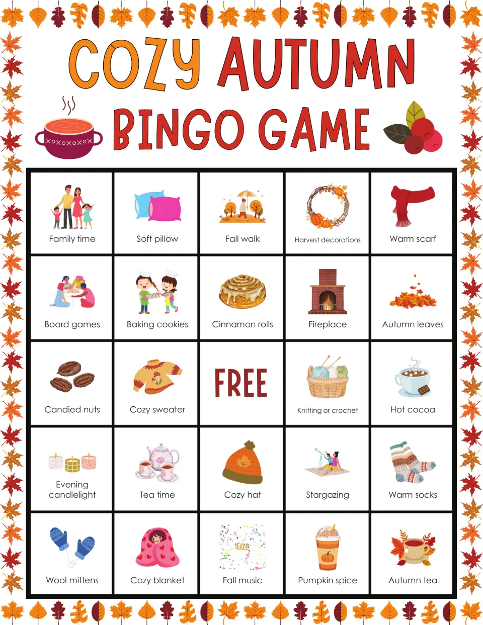 Cozy autumn bingo card: students mark pictured squares such as family time, soft pillow, fall walk and a FREE center