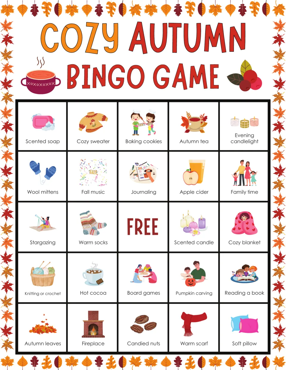 Fall bingo board starting with scented soap, cozy sweater and baking cookies; players cover matching pictures