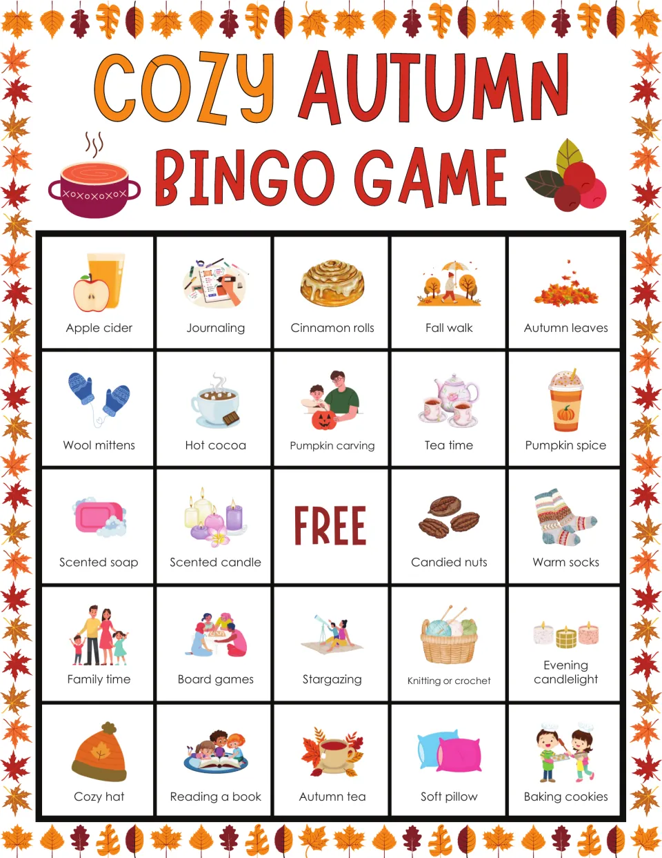 Autumn bingo card opening with apple cider, journaling and cinnamon rolls; students listen and mark called pictures