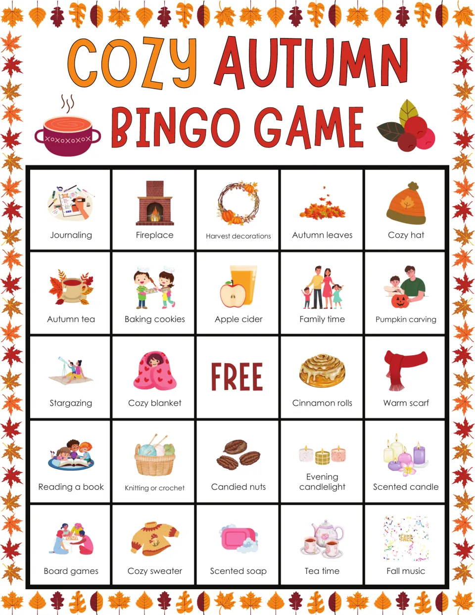 Cozy fall bingo grid led by journaling, fireplace and harvest decorations; players mark items to get five in a row