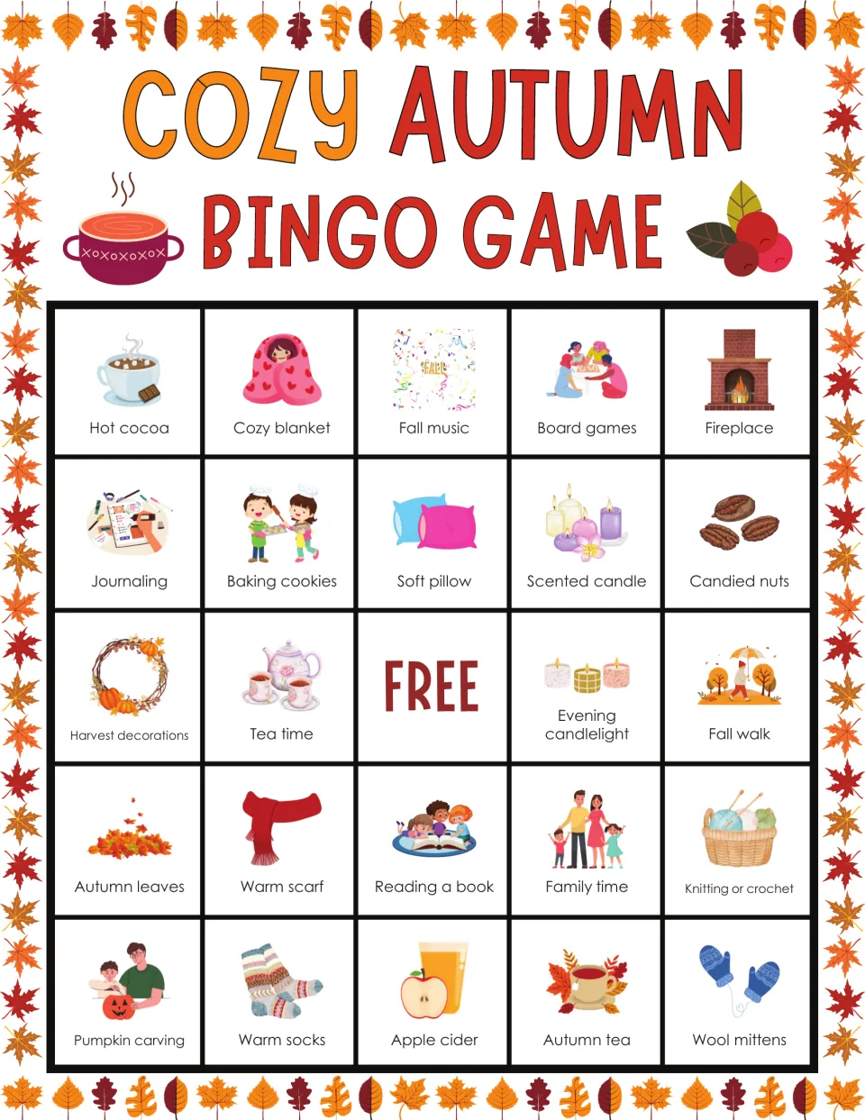 Autumn picture bingo board topped by hot cocoa, cozy blanket and fall music; students match called words to pictures