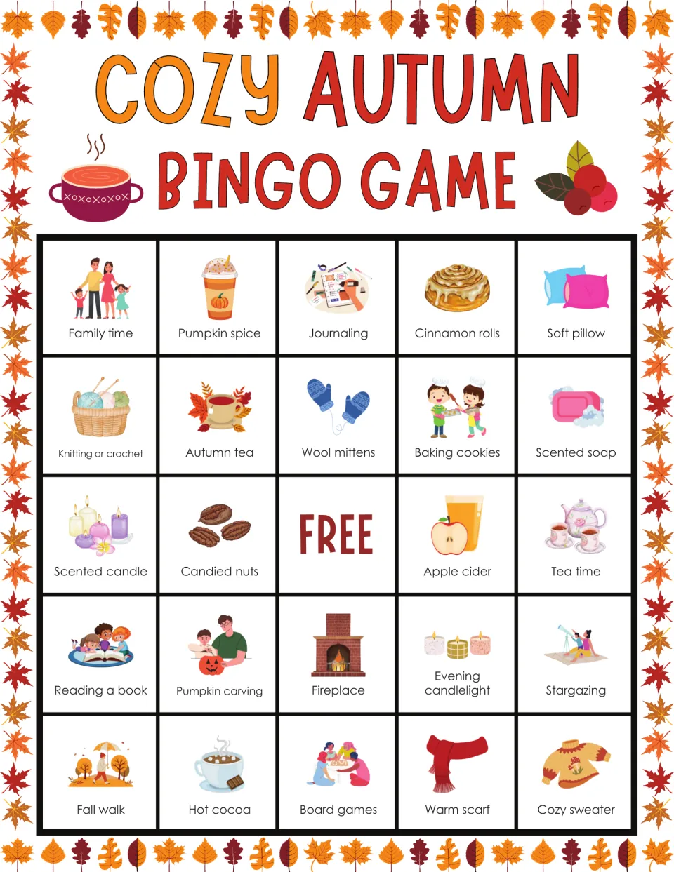 Fall bingo card headed by family time, pumpkin spice and journaling; players cover each square as it is called out