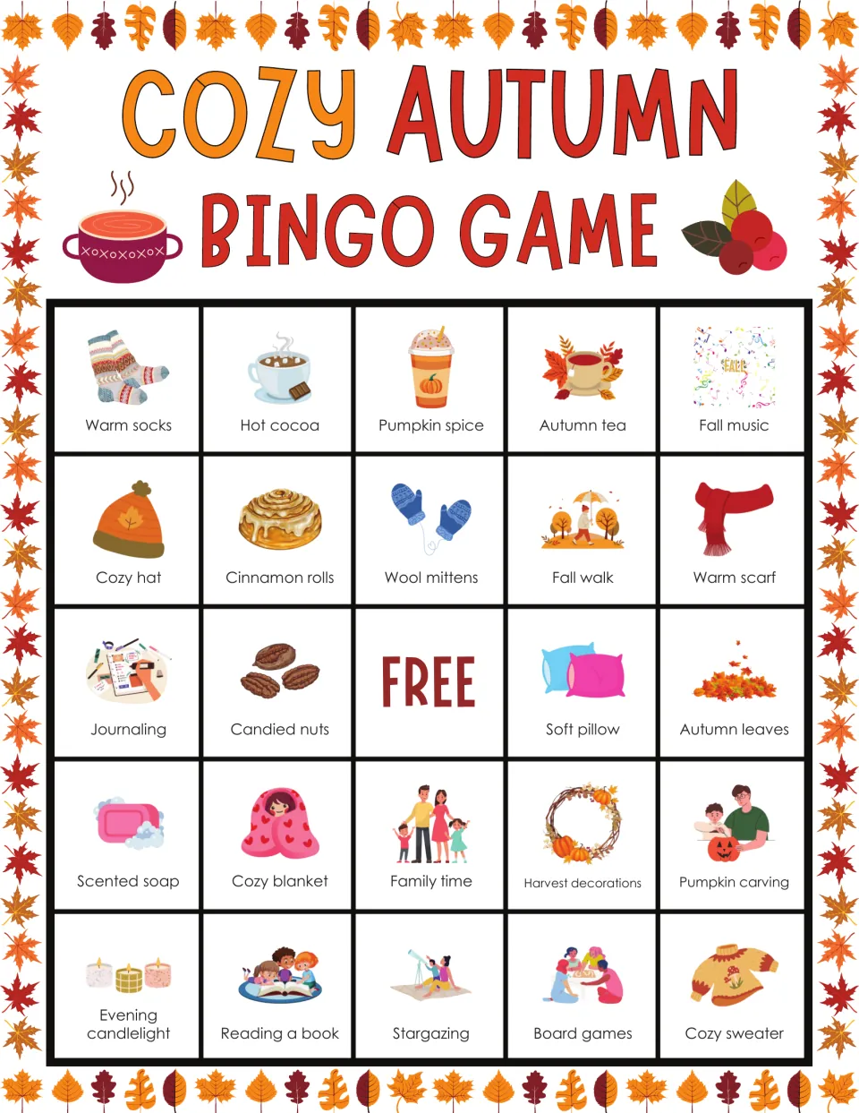 Cozy season bingo board starting warm socks, hot cocoa and pumpkin spice; students mark pictures to complete a line