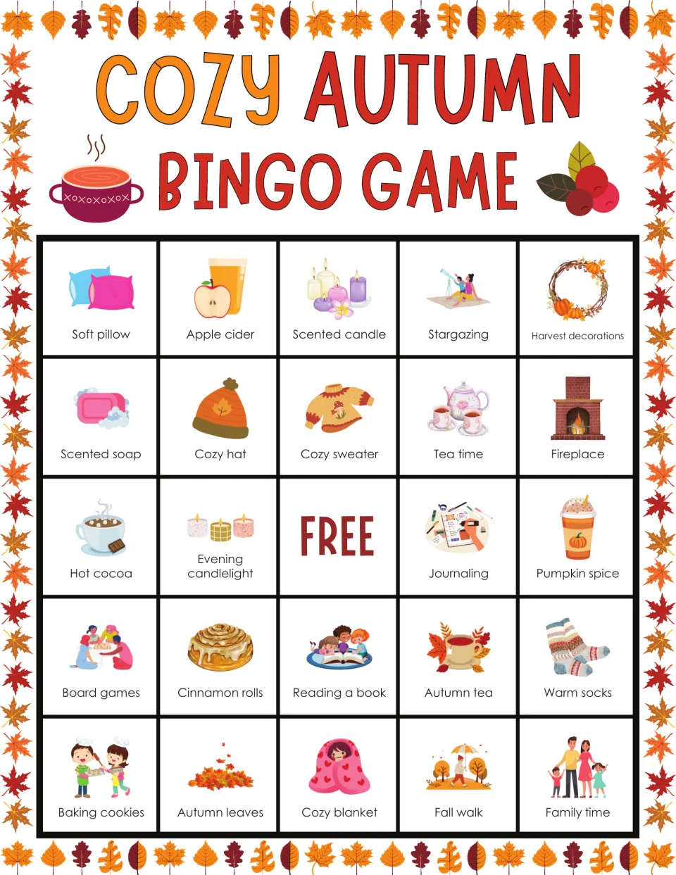 Autumn bingo grid opening with soft pillow, apple cider and scented candle; players find and cover called fall items