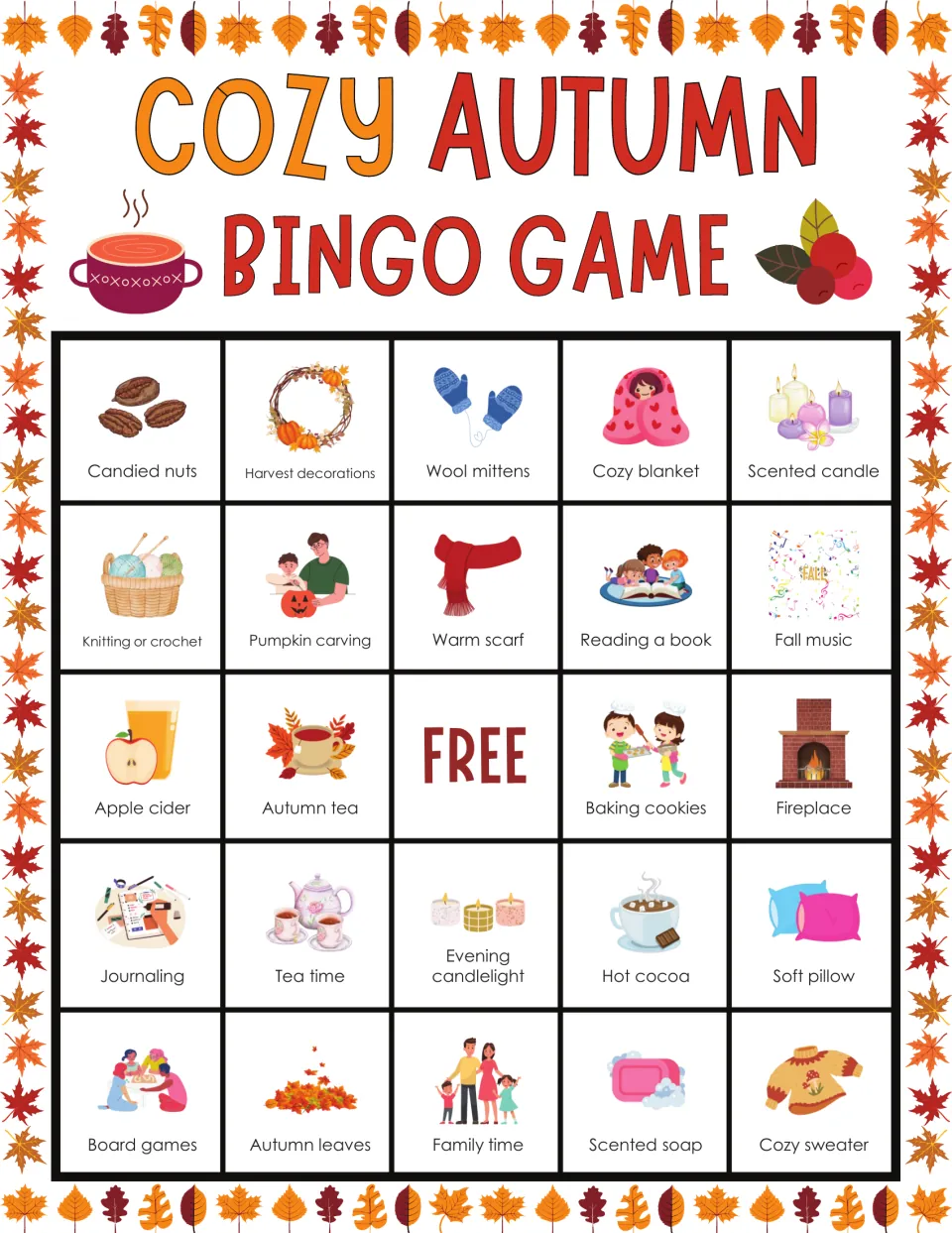 Fall bingo card led by candied nuts, harvest decorations and wool mittens; students mark squares to call out bingo
