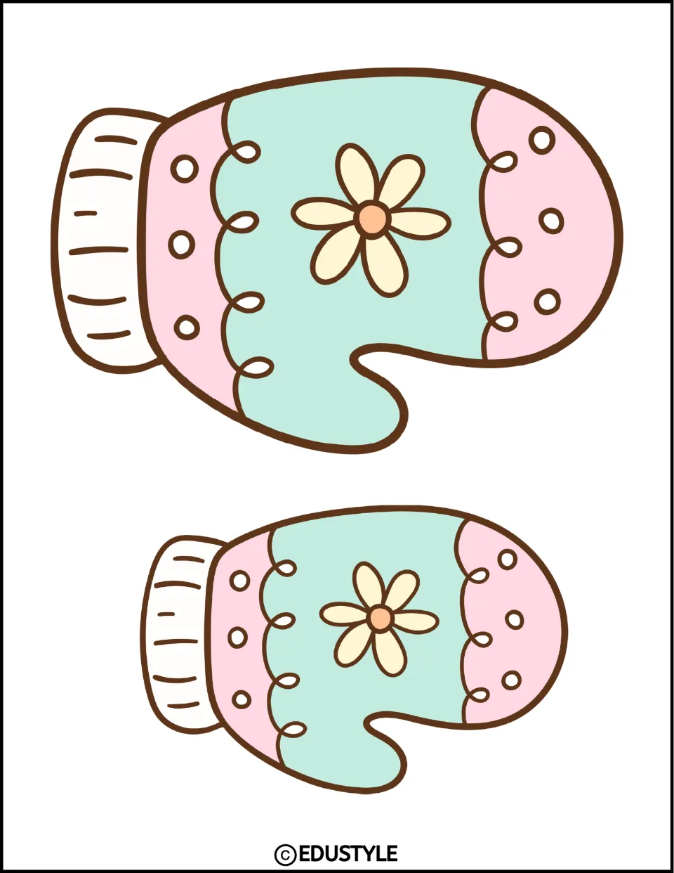 Two mint green and pink floral mitten cutouts in different sizes for the winter bulletin board or door