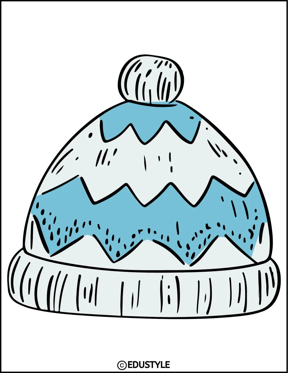 Single light blue and white pom-pom beanie decoration with zigzag bands for the winter bulletin board or door