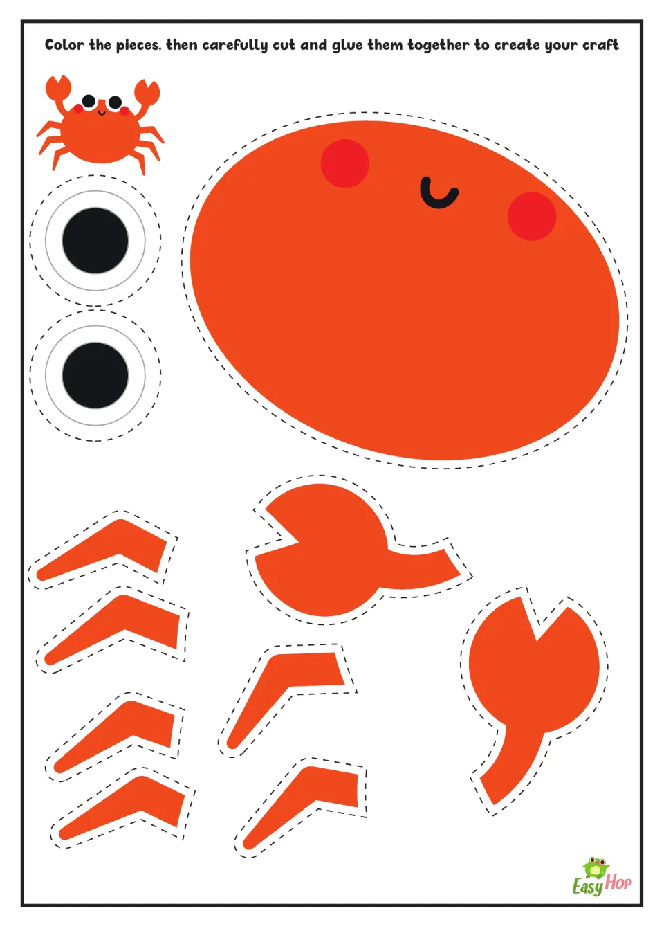 Colored crab craft template to cut and assemble: an orange body, two eyes, two claws, and six legs.