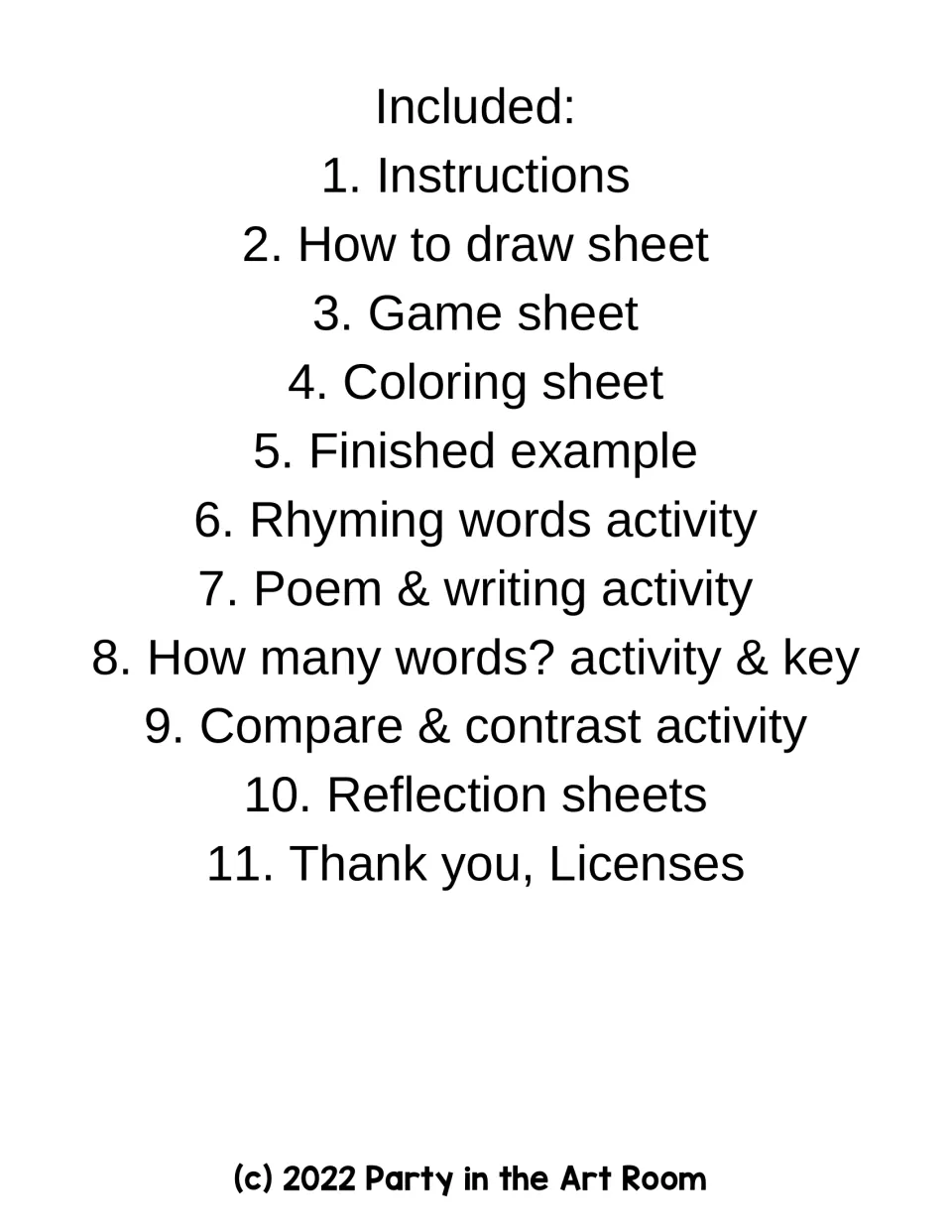Contents list for the crab lesson names drawing, game, coloring, rhyming, writing, and reflection materials
