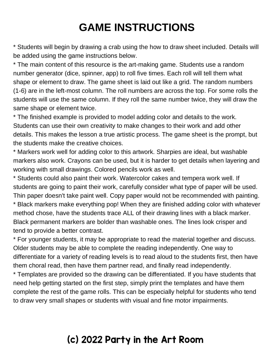 Crab art game instructions explain five random rolls, coloring materials, black outlines, and template support