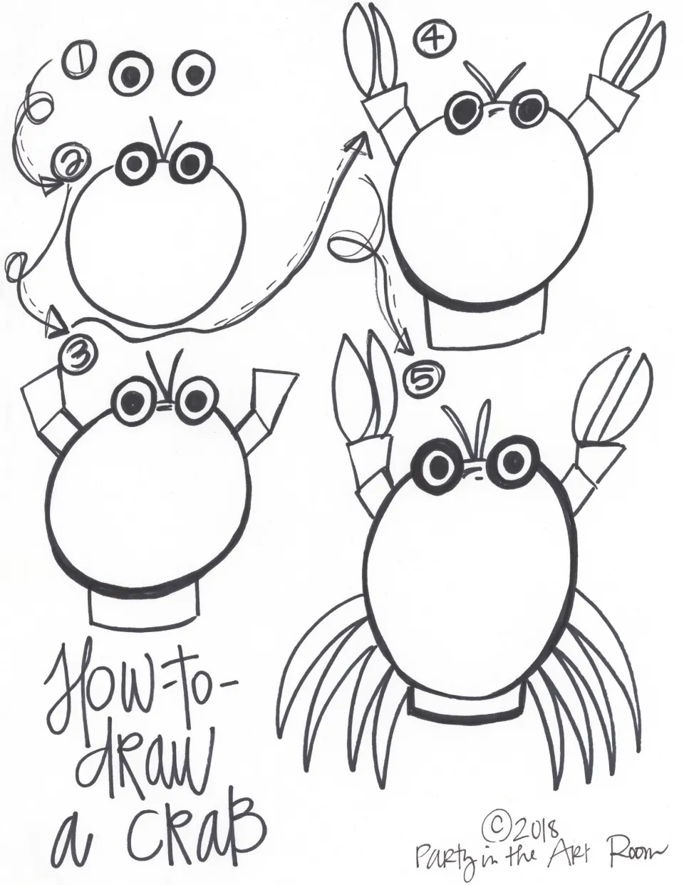 Five-step crab drawing guide builds from eyes to a rounded body, raised claws, and legs for the art game