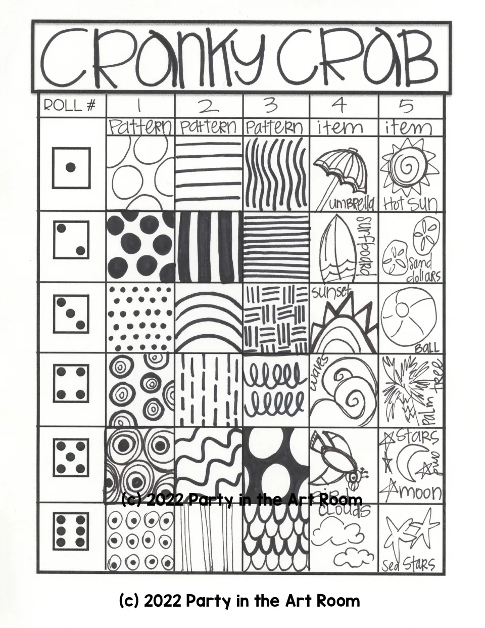 Cranky Crab game sheet uses five dice rolls to choose three patterns and two beach items for the drawing