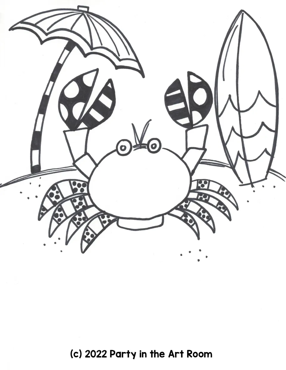 Crab lesson coloring sheet shows a crab with patterned claws and legs beside a beach umbrella and surfboard