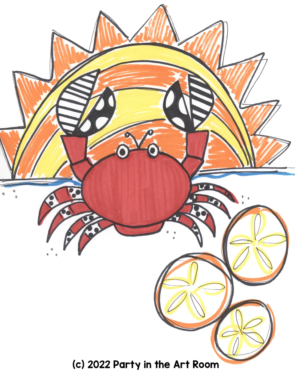 Finished crab artwork models a red body, patterned claws and legs, a yellow and orange sun, and sand dollars
