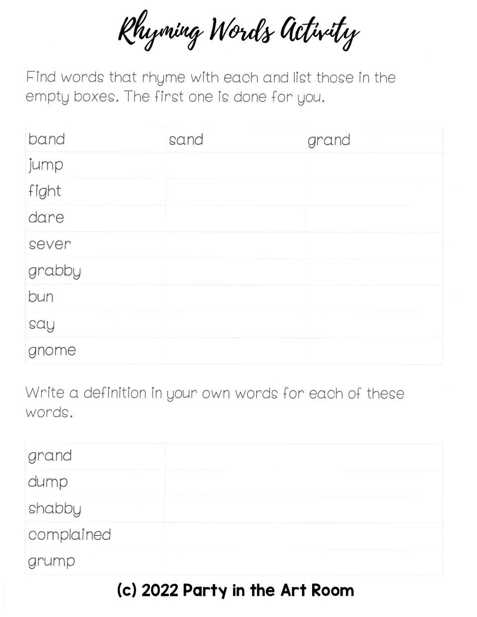 Rhyming activity gives band, sand, and grand as an example, then asks for eight rhyme sets and five definitions