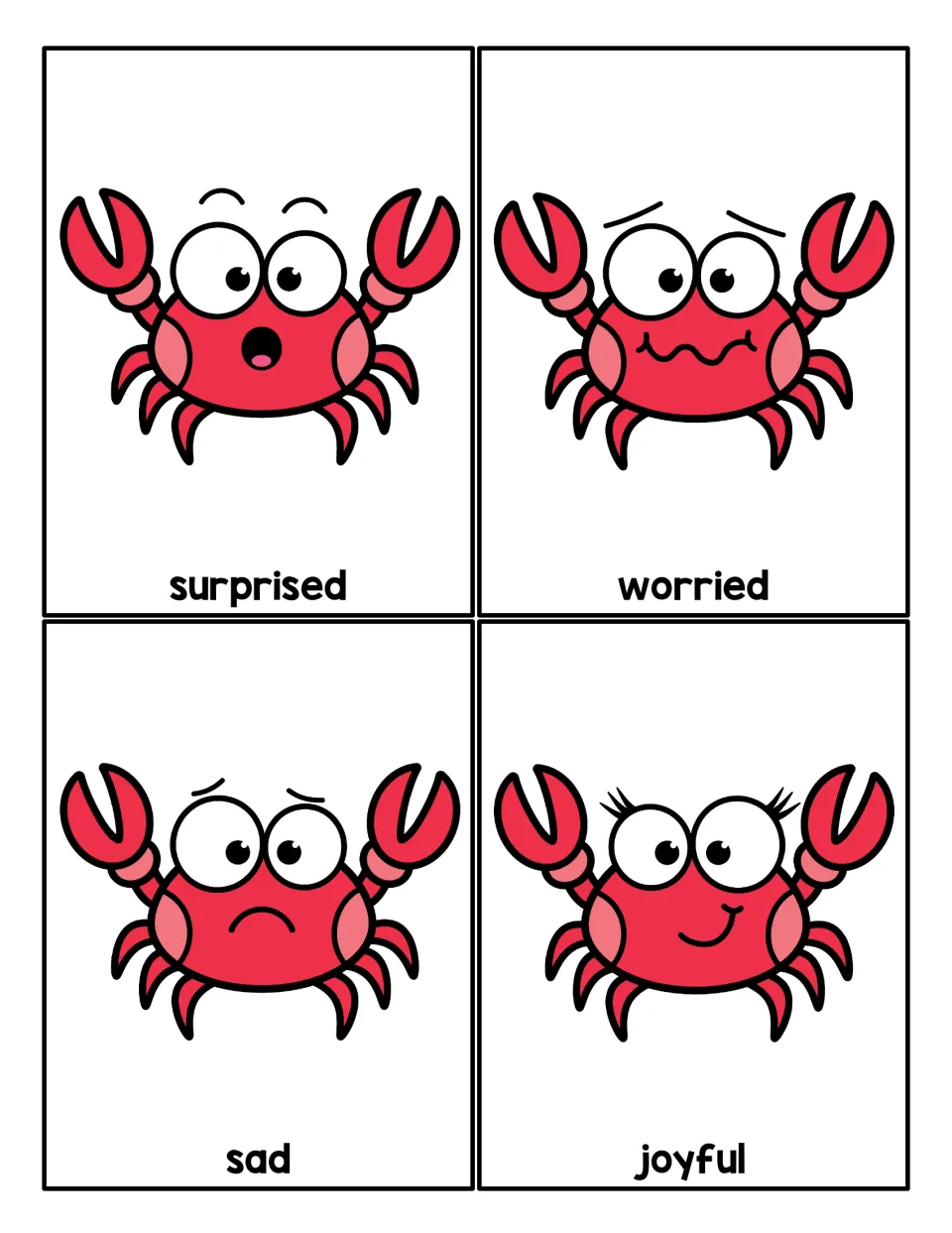 Feelings cards: four red crabs with labeled faces for surprised, worried, sad and joyful, for naming emotions