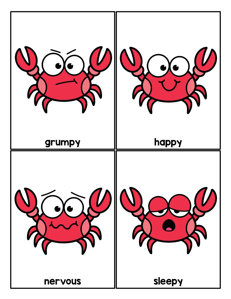 Emotion word cards showing crabs that look grumpy, happy, nervous and sleepy, each face matched to its printed label