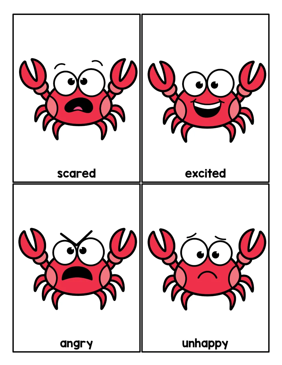 Emotion cards for scared, excited, angry and unhappy, each crab's eyes and mouth showing the named feeling