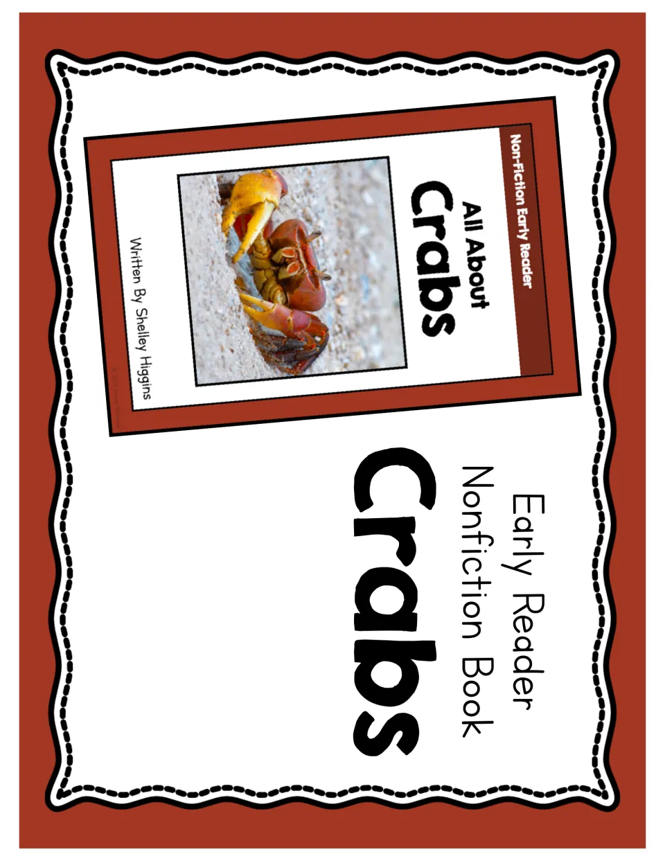 Crab early reader resource cover showing a sample booklet titled 'All About Crabs' by Shelley Higgins