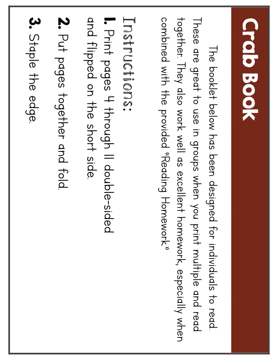 Crab booklet assembly instructions: print pages 4–11 double-sided, flip on the short side, fold, and staple