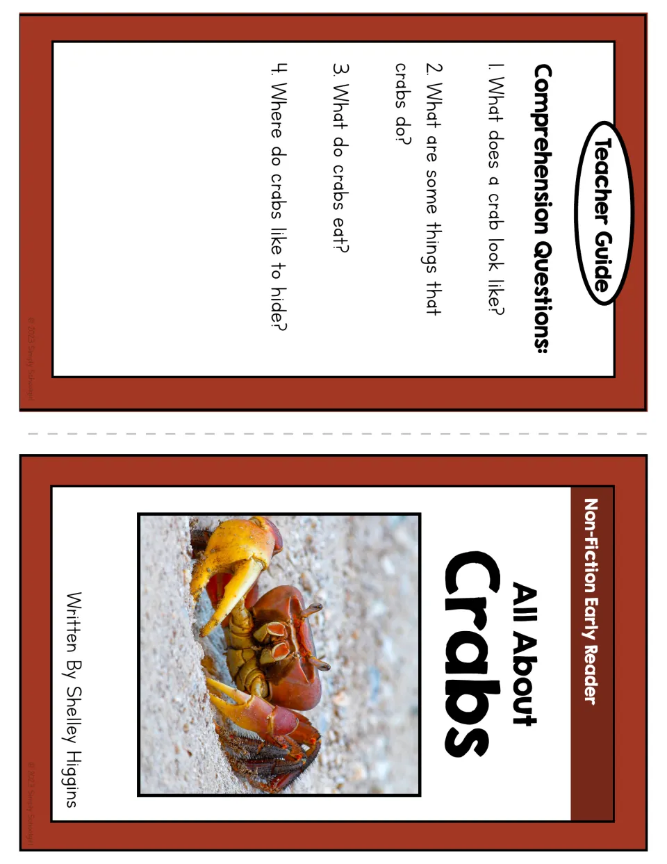 Crab booklet cover and teacher guide asking about crabs' appearance, actions, food, and hiding places