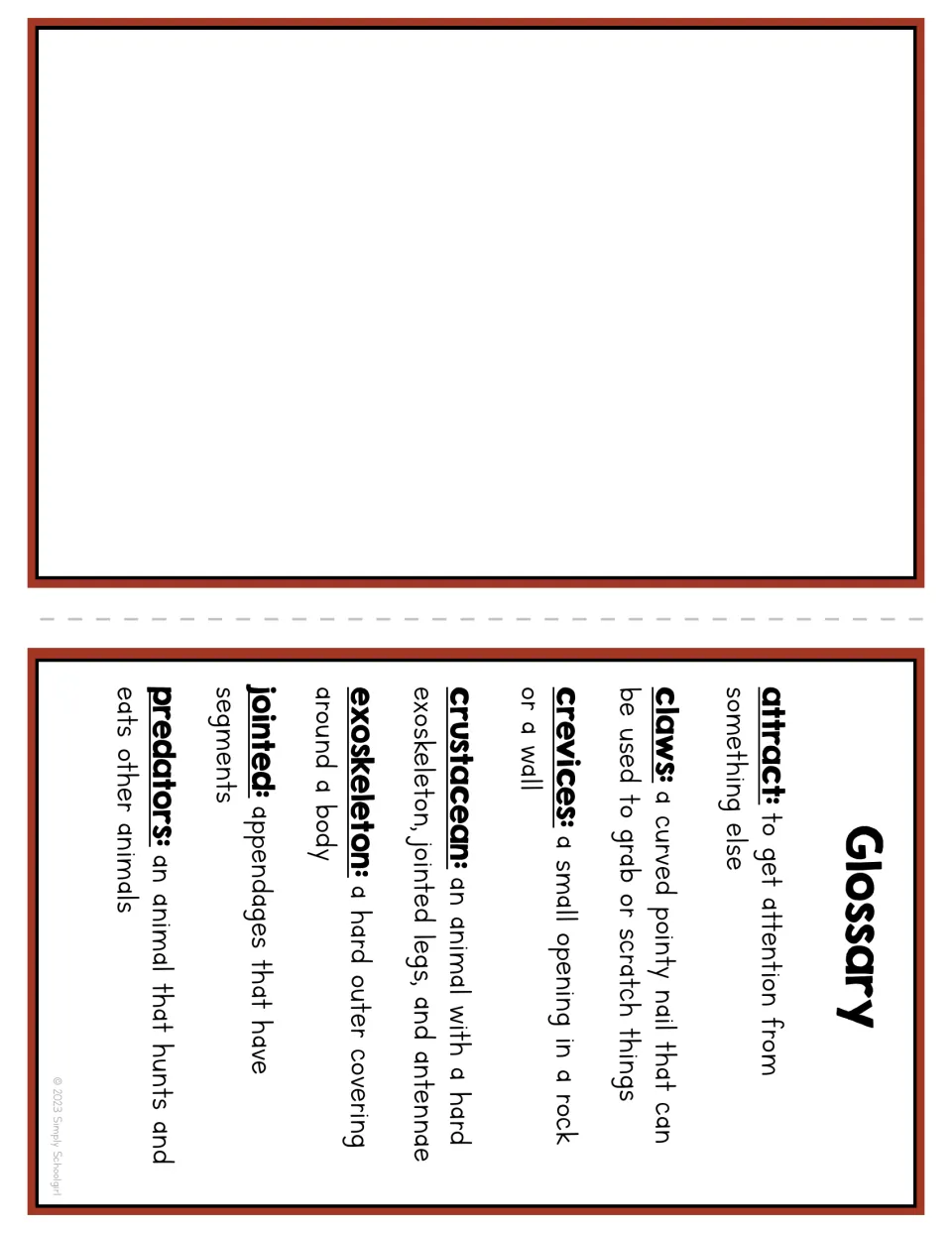 Crab booklet glossary defines attract, claws, crevices, crustacean, exoskeleton, jointed, and predators