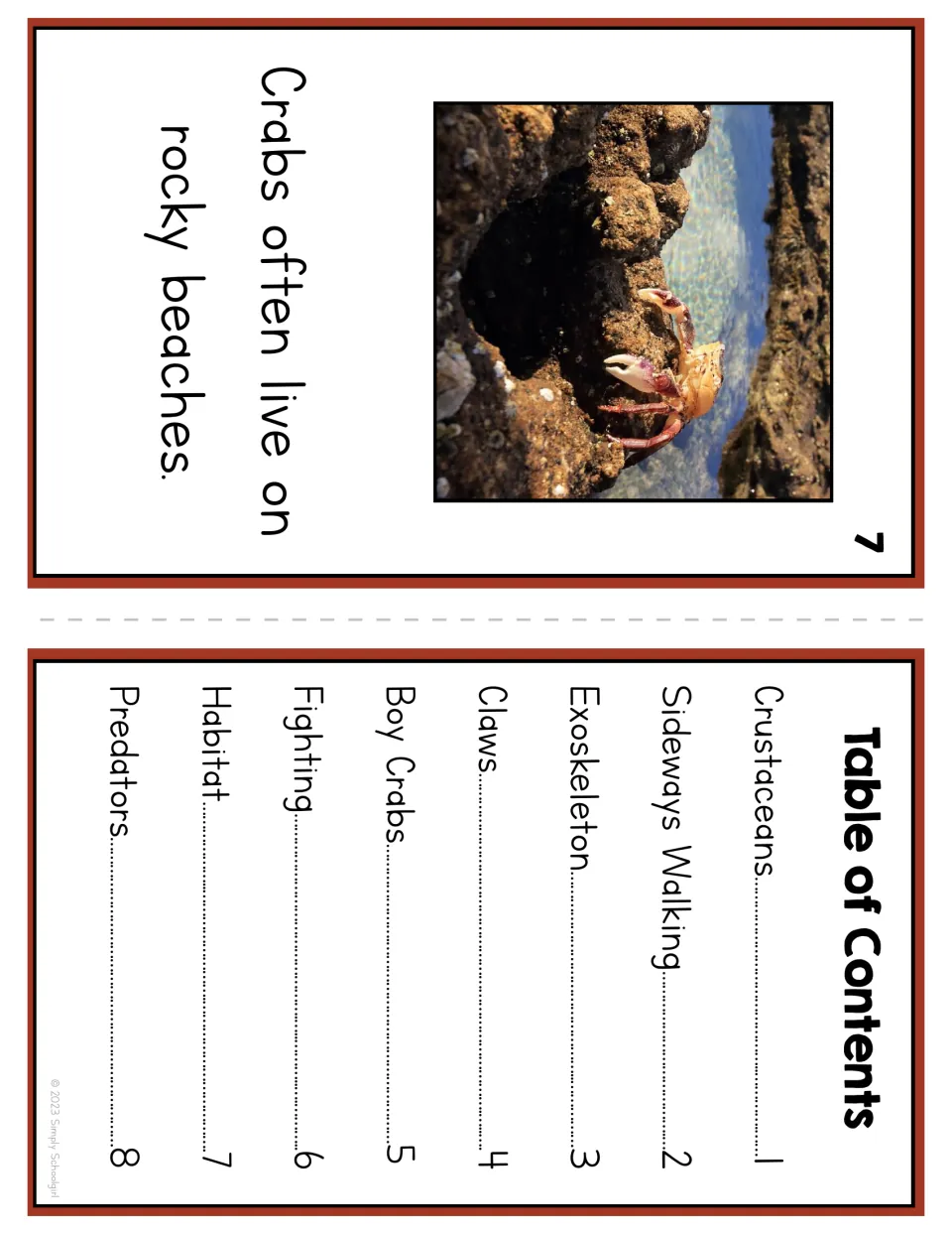 Crab reader page 7 shows a rocky beach habitat; the table of contents lists eight topics and page numbers