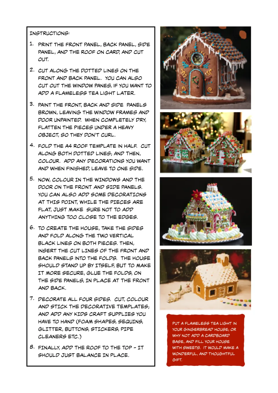 Craft instructions: eight steps to cut, paint, fold and assemble the card house walls, then balance the roof on top