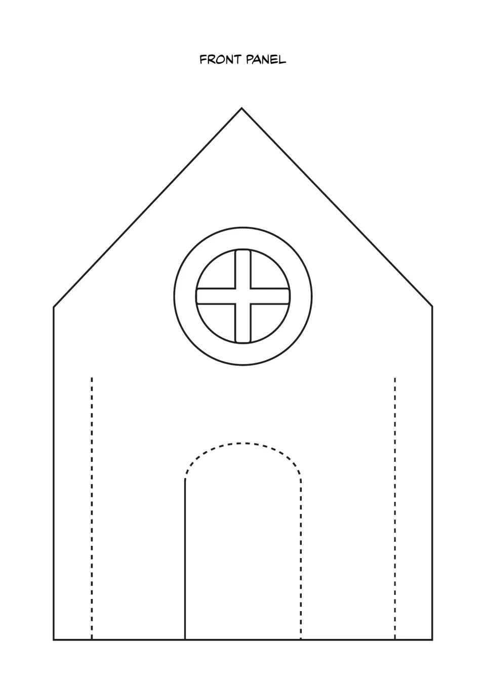 Front panel cut-out piece: house front with a round cross-paned window, an arched door and two dotted cut slits