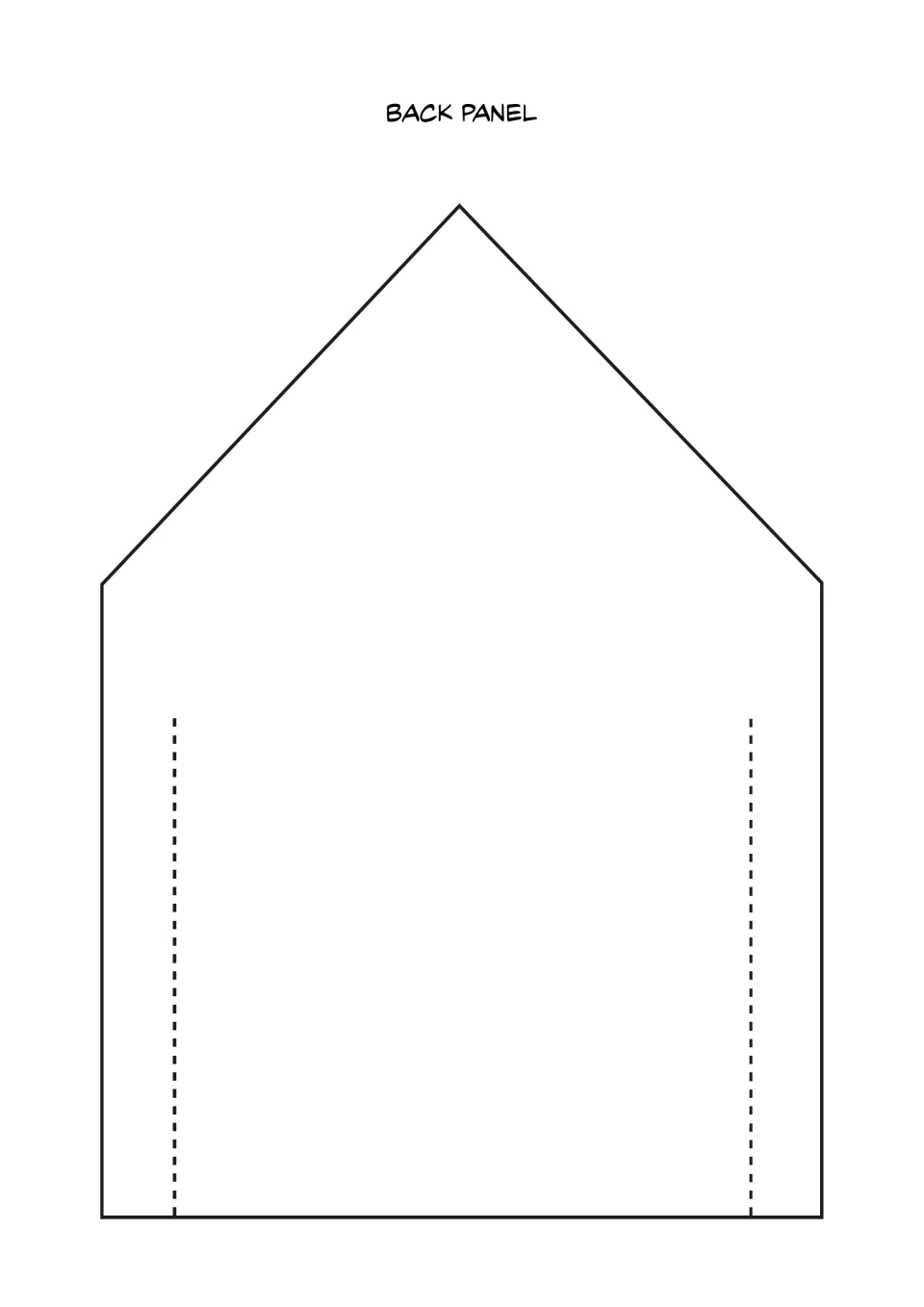 Back panel cut-out piece: plain house-shaped back wall with two dotted cut slits that slot into the side panels