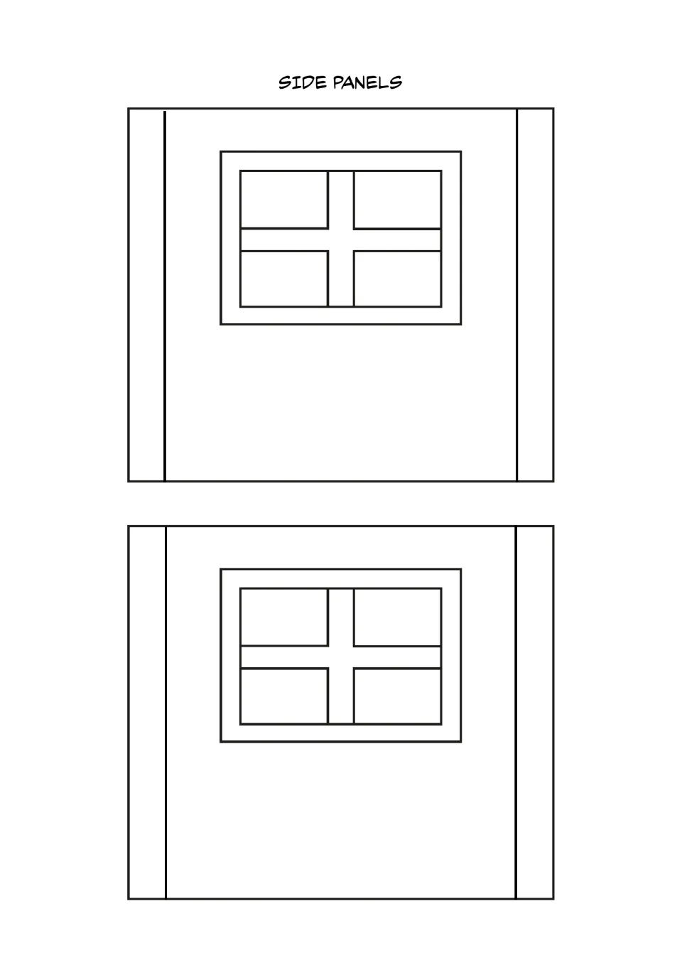Side panels template: two matching walls, each with a four-pane window and fold marks at both ends for assembly