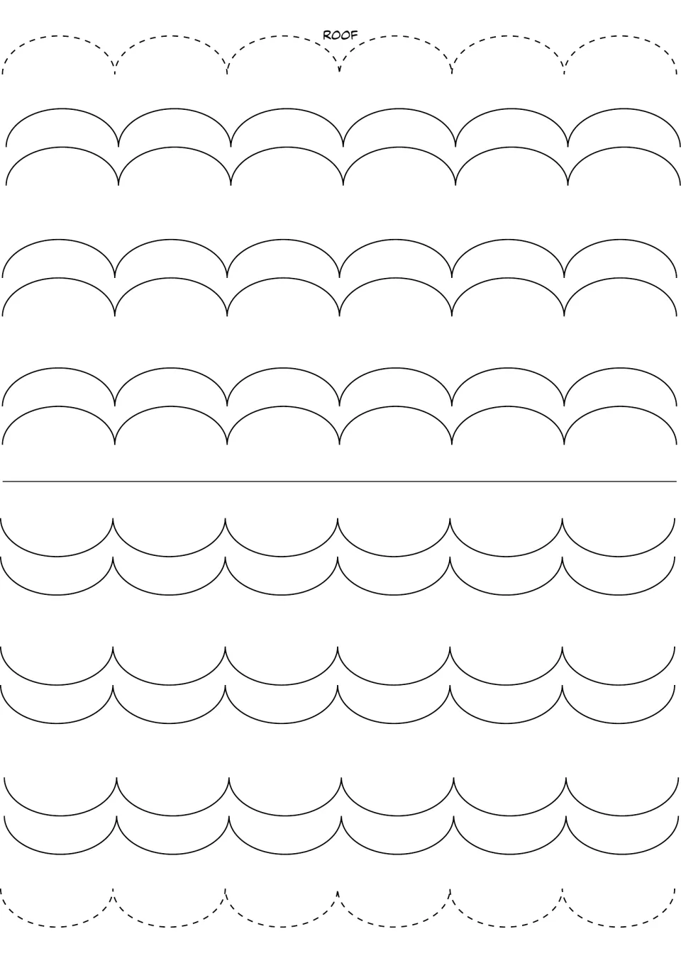 Roof template: scalloped tile rows on both halves of an A4 sheet with a centre fold and dotted cutting edges