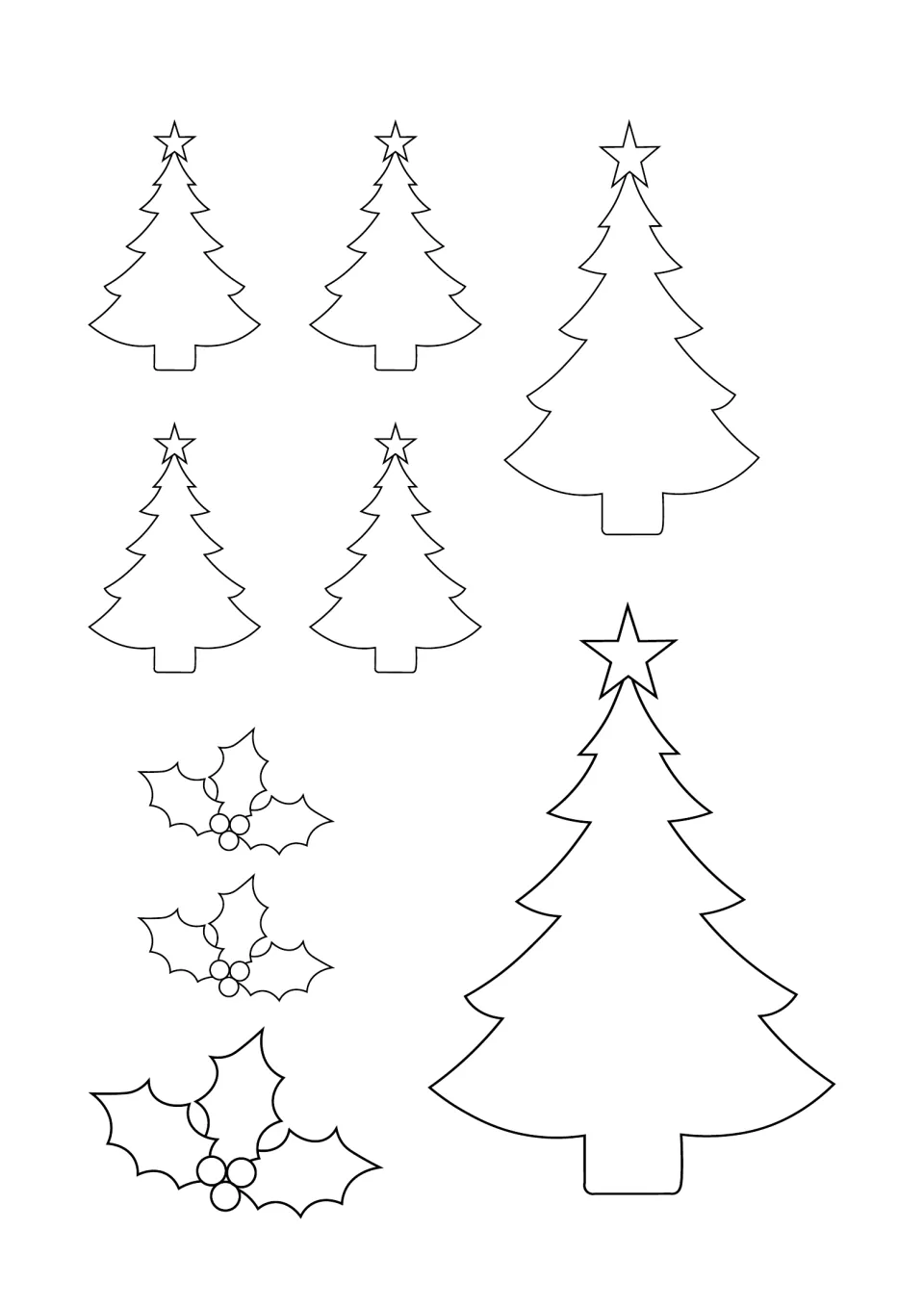 Decoration templates: Christmas trees with stars in three sizes and three holly sprigs to colour, cut and glue on