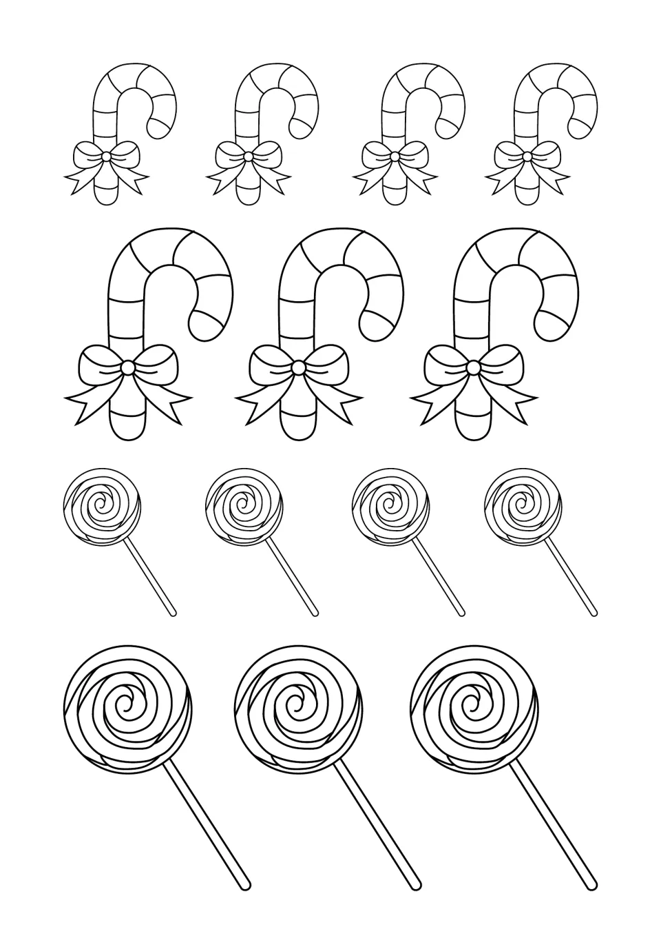 Candy cane and lollipop templates: bow-tied canes and swirl lollipops in two sizes to colour and cut out