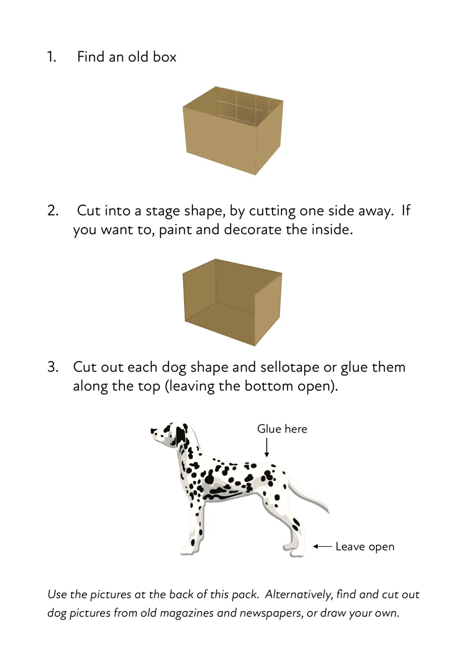 Dog show stage steps 1-3: students cut one side off an old box, then cut out dog shapes and glue them along the top