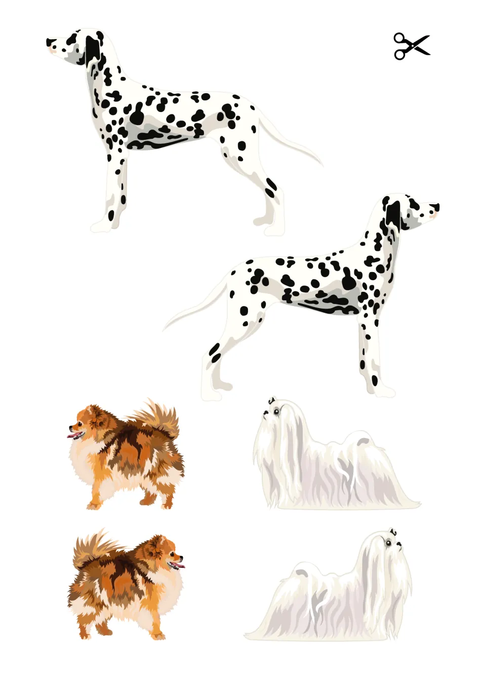 Dog cut-outs: two Dalmatians, two Pomeranians and two Maltese in facing pairs for children to cut out and glue together
