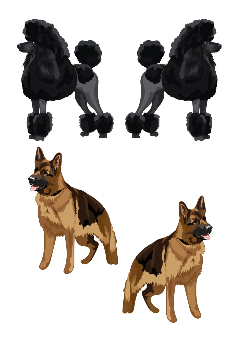 More dog cut-outs: a mirrored pair of black poodles and a pair of German Shepherds to cut out for the show