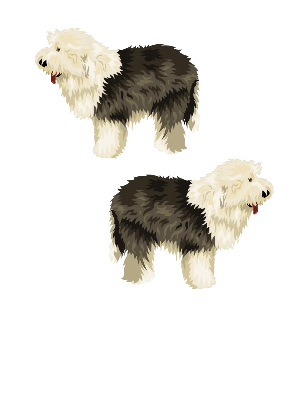 Old English Sheepdog cut-outs: a facing pair of shaggy grey and white sheepdogs for children to cut out and join