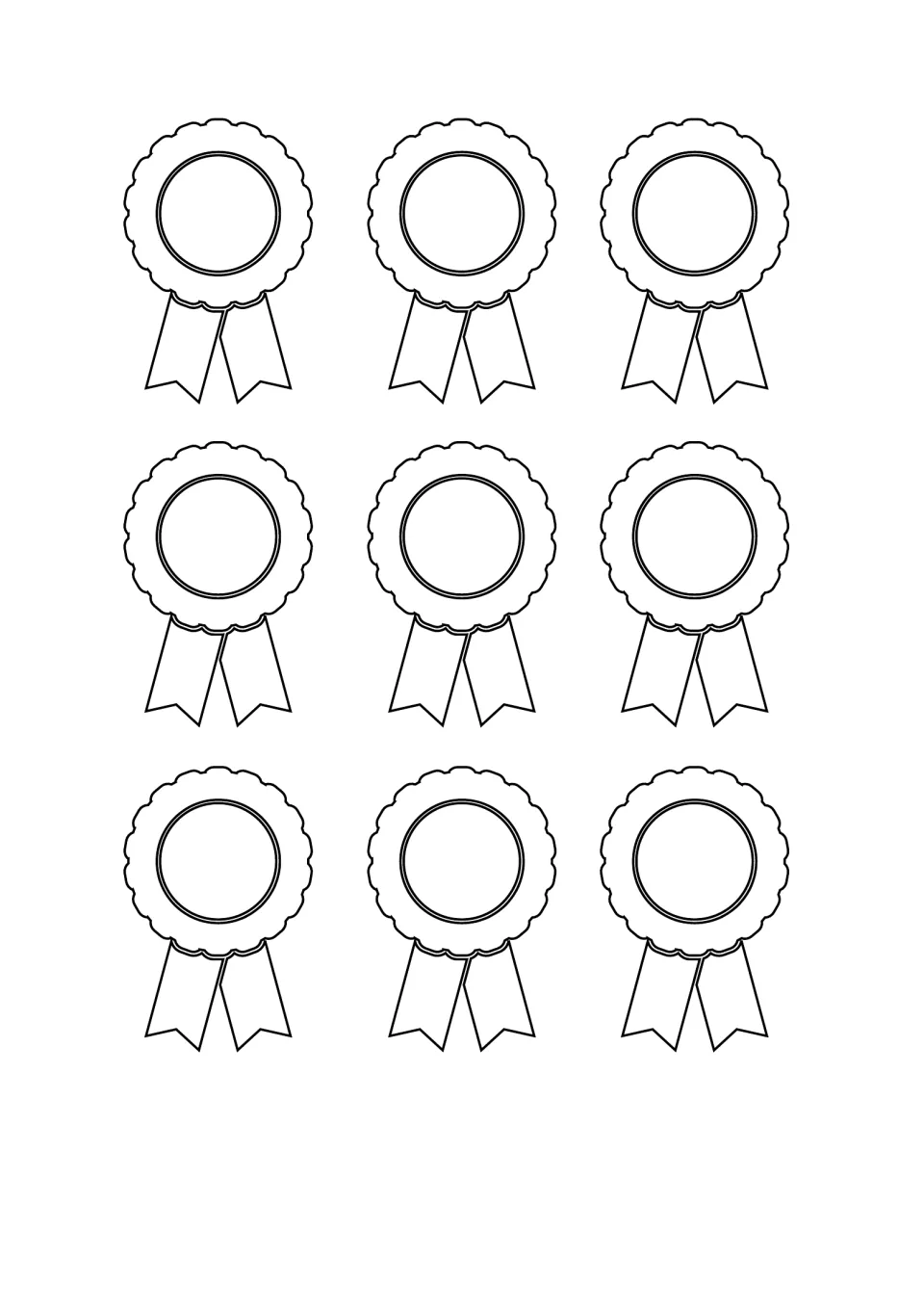 Blank rosette templates: nine outline rosettes with ribbons for children to colour, decorate and cut out as prizes