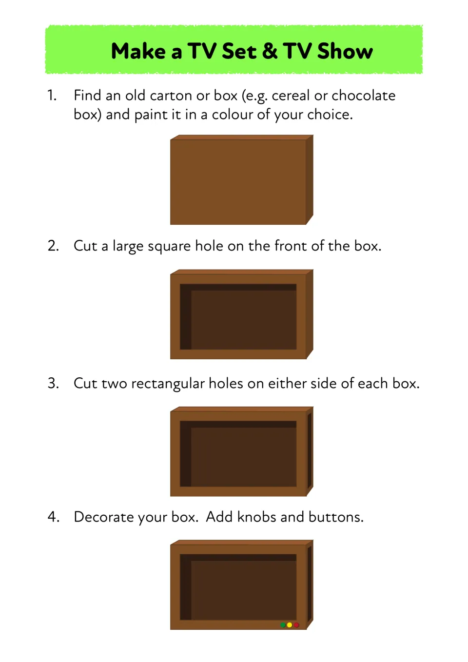 Make a TV Set & TV Show steps 1-4: children paint an old box, cut a screen hole and side slots, then add knobs and buttons