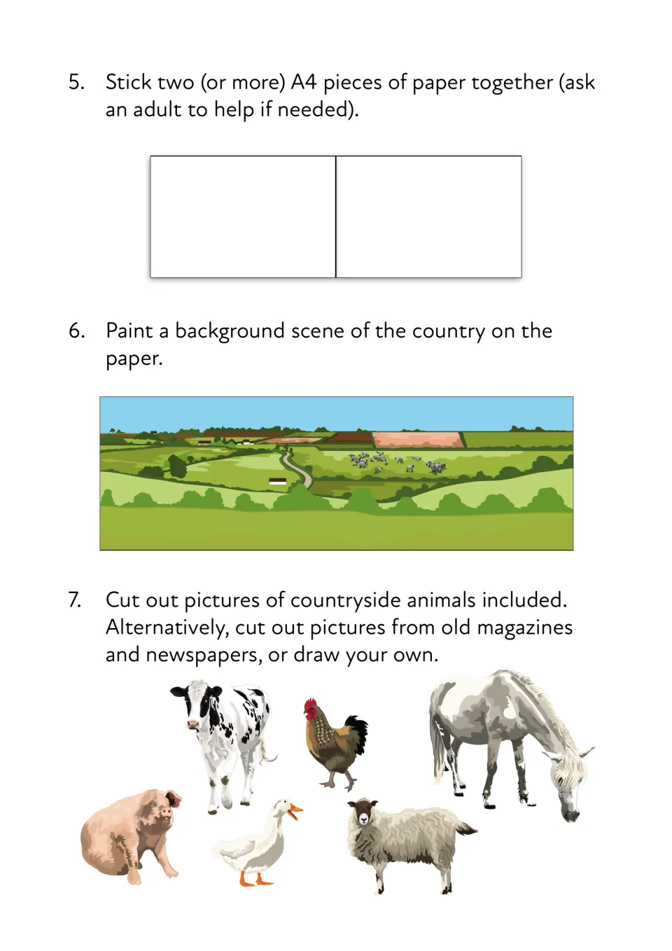 TV show steps 5-7: children join A4 sheets, paint a countryside background, then cut out farm animals like a cow and pig